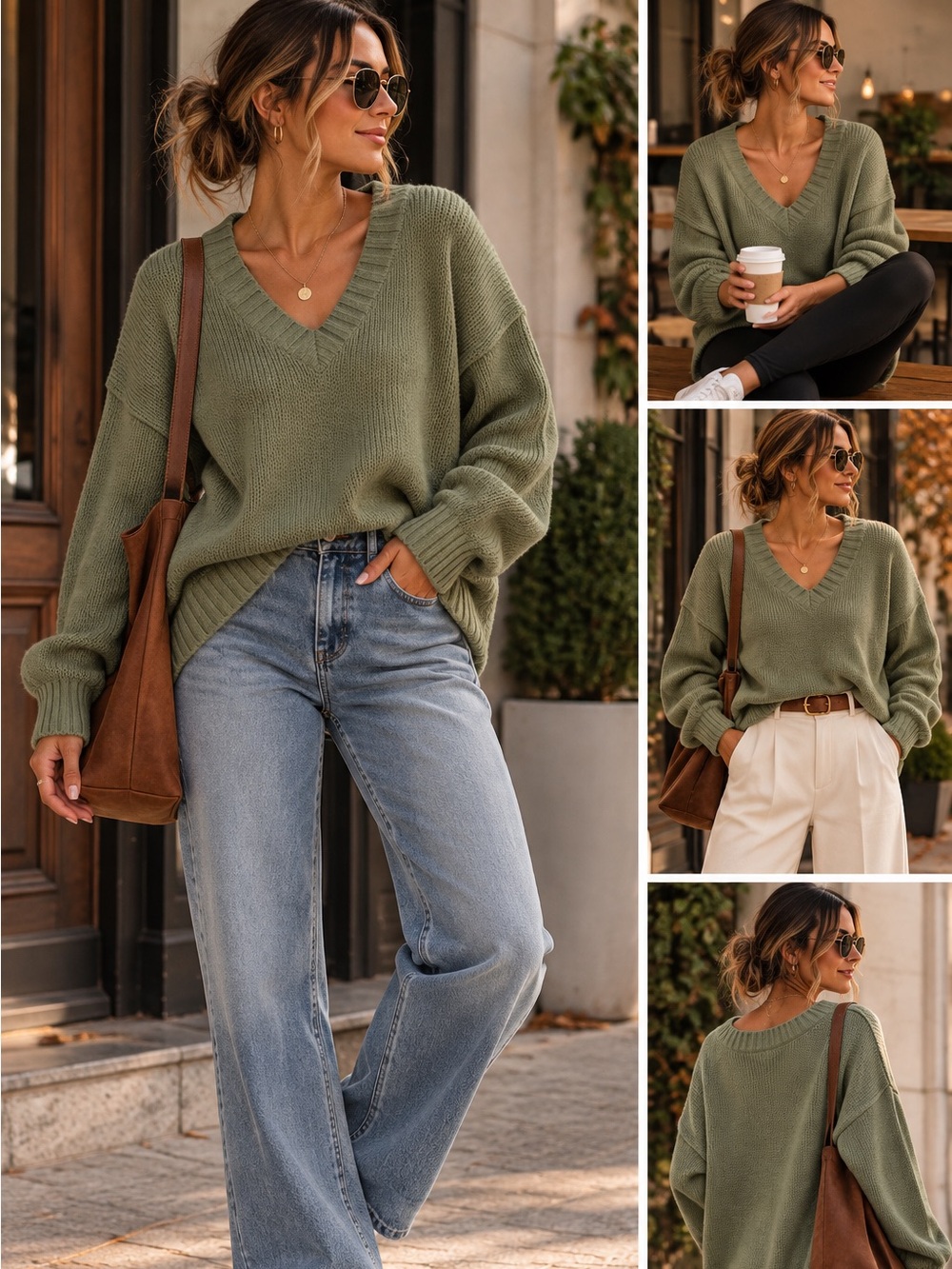 Oversized V-Neck Women's Sweater in Sage Green